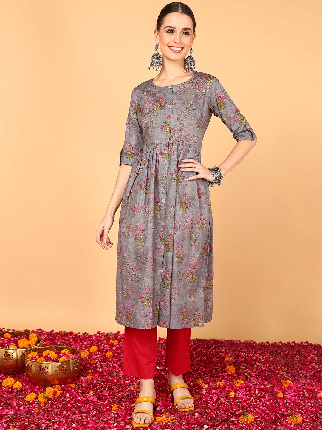 

KALINI Round Neck Floral Printed Cotton A Line Kurta, Grey
