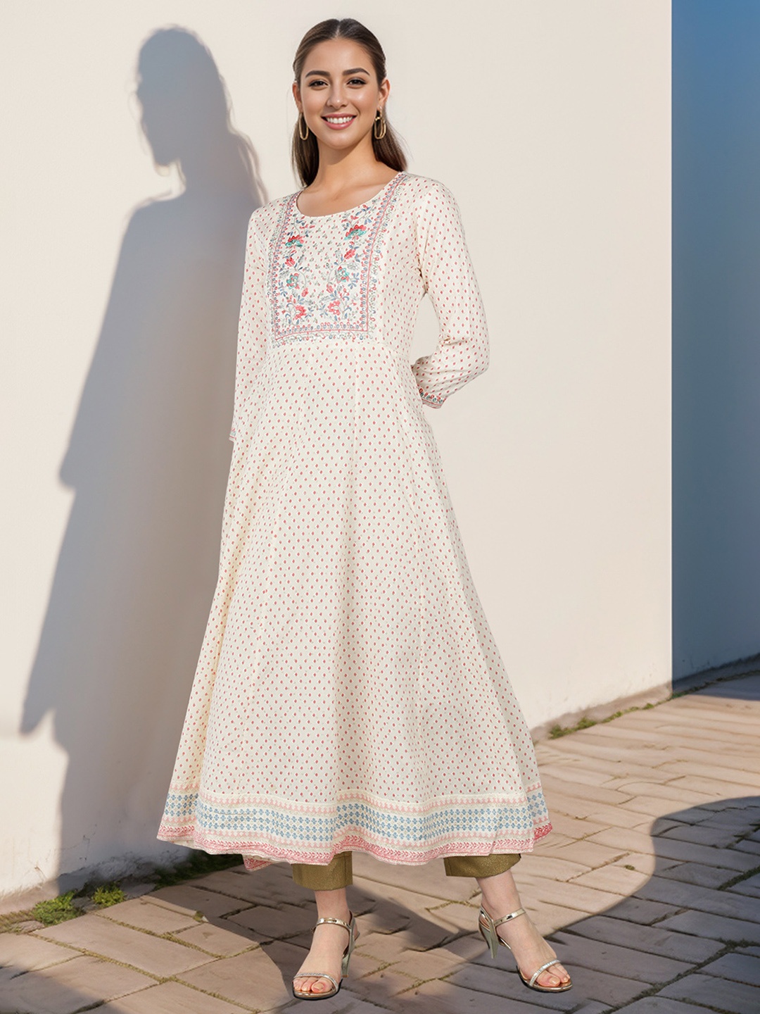 

KALINI Floral Embroidered Thread Work Anarkali Kurta, Cream