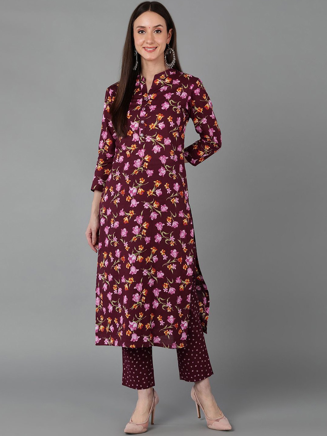 

KALINI Mandarin Collar Floral Printed Cotton Straight Kurta, Purple