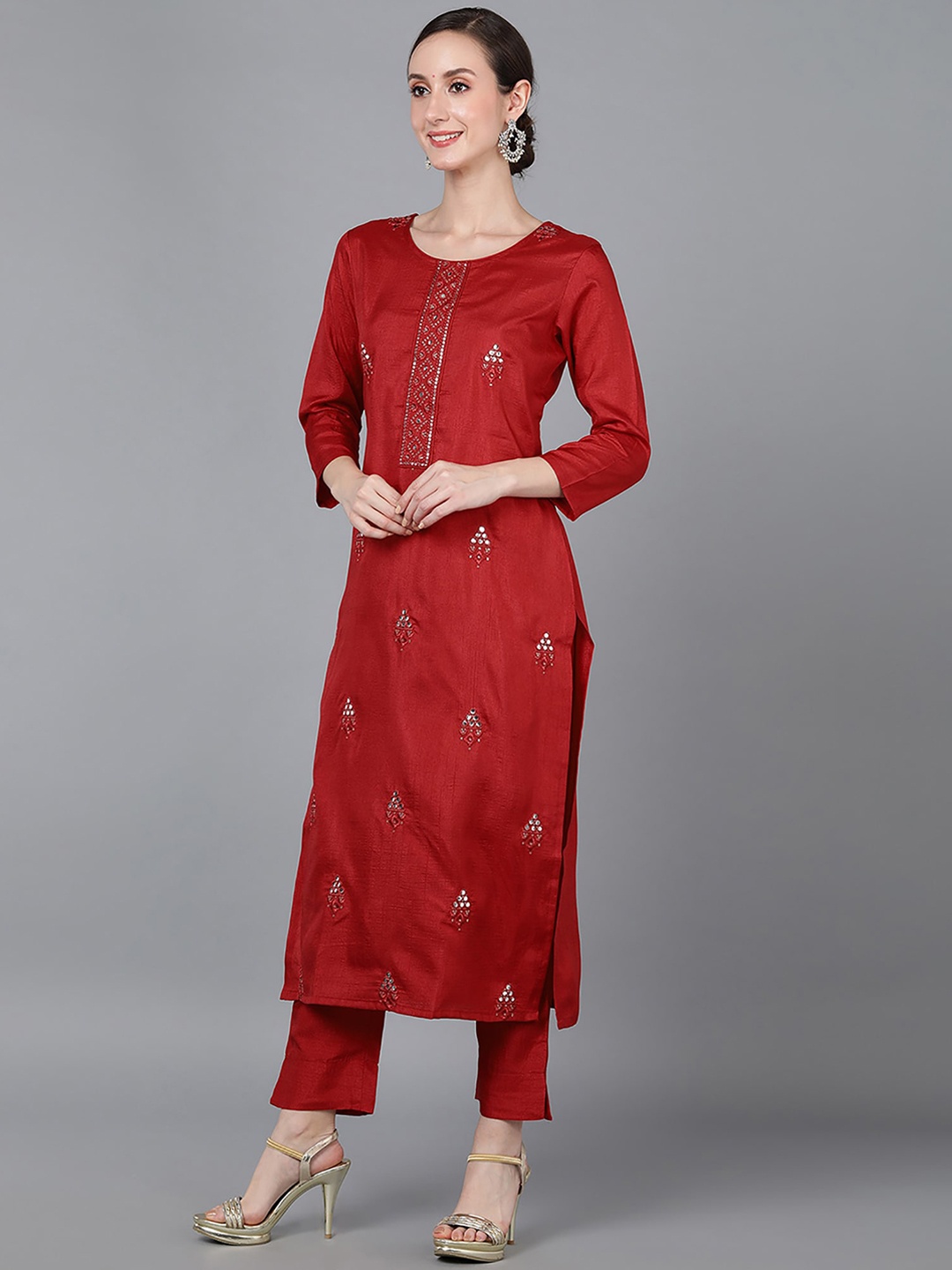 

KALINI Embroidered Thread Work Straight Kurta, Red