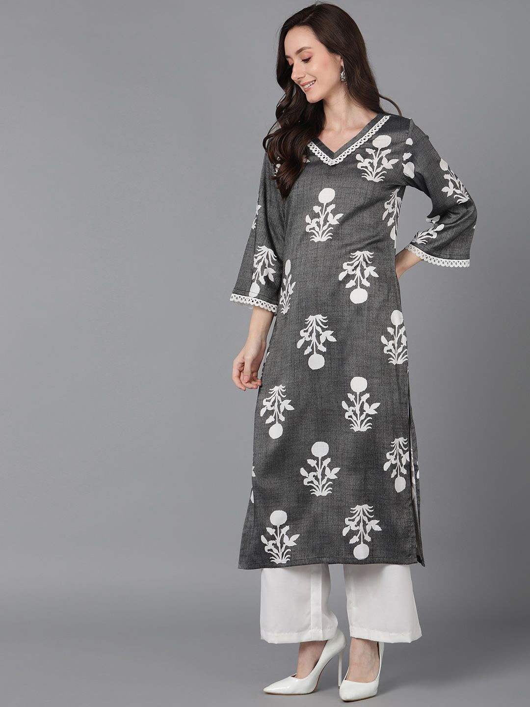 

KALINI V Neck Flared Sleeves Floral Printed Cotton Straight Kurta, Grey