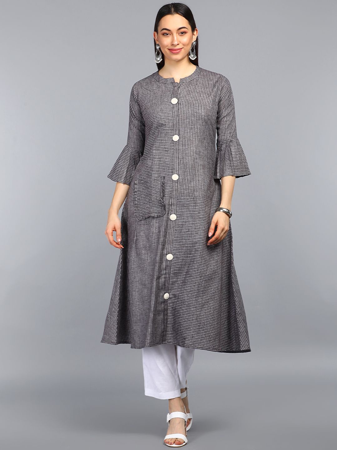 

KALINI Striped Mandarin Collar Bell Sleeves Cotton A-Line Kurta, Grey