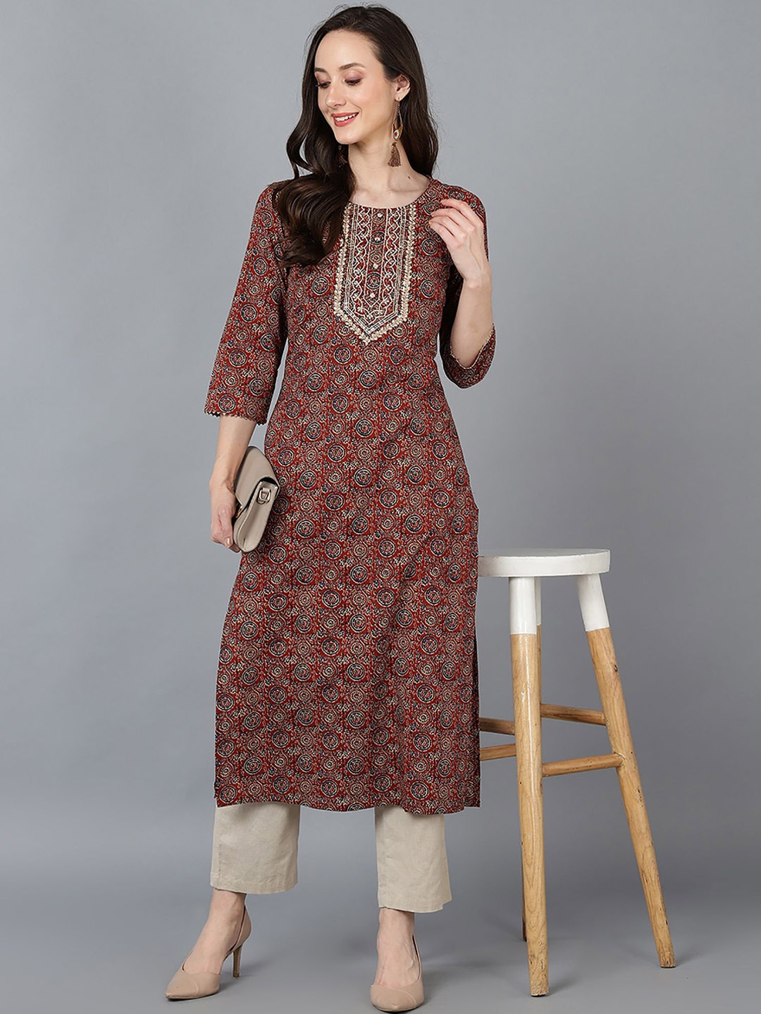 

KALINI Ethnic Motifs Printed Thread Work Cotton Straigth Kurta, Brown