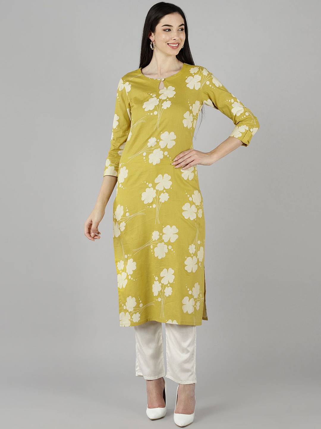 

KALINI Round Neck Floral Printed Cotton Straight Kurta, Yellow