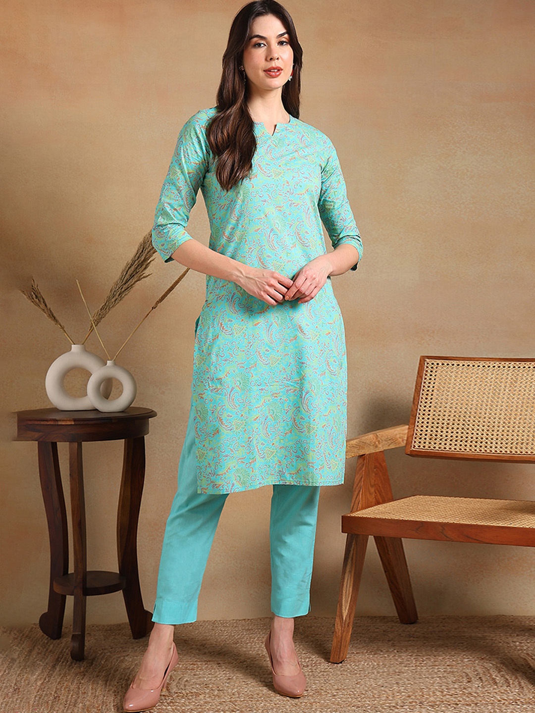 

KALINI Kalamkari Printed Cotton Straight Kurta, Sea green