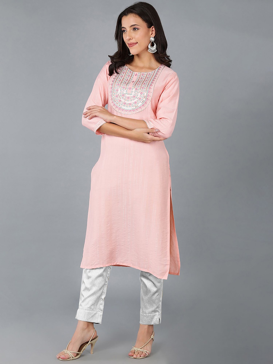 KALINI Ethnic Motifs Yoke Design Thread Work Cotton Straight Kurta, Peach