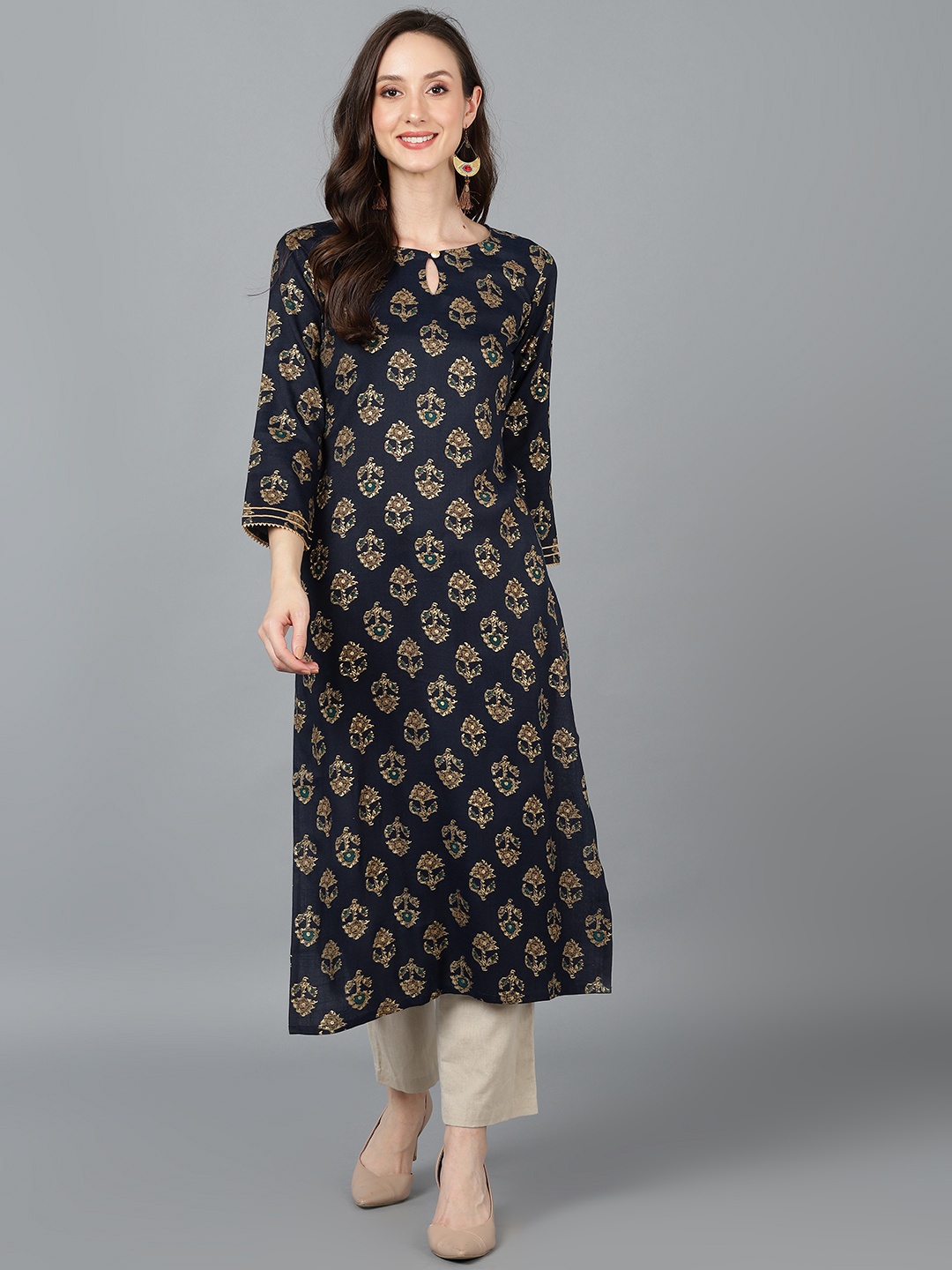 

KALINI Key Hole Neck Ethnic Motifs Printed Cotton Straight Kurta, Black