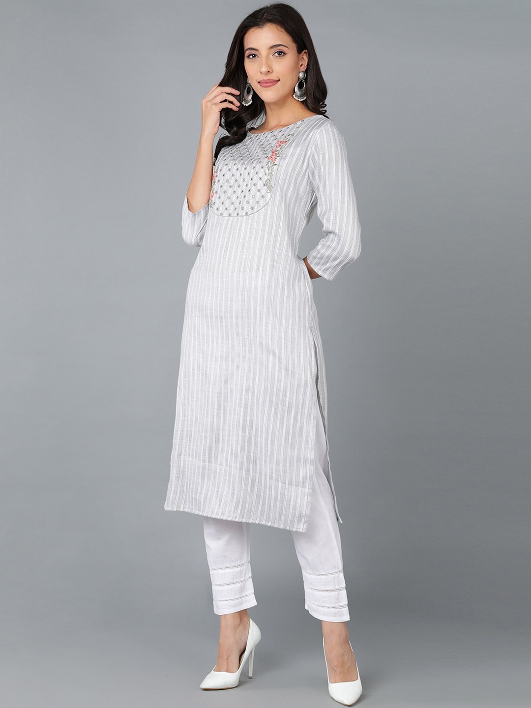 

KALINI Striped Embroidered Thread Work Cotton Straight Kurta, Grey