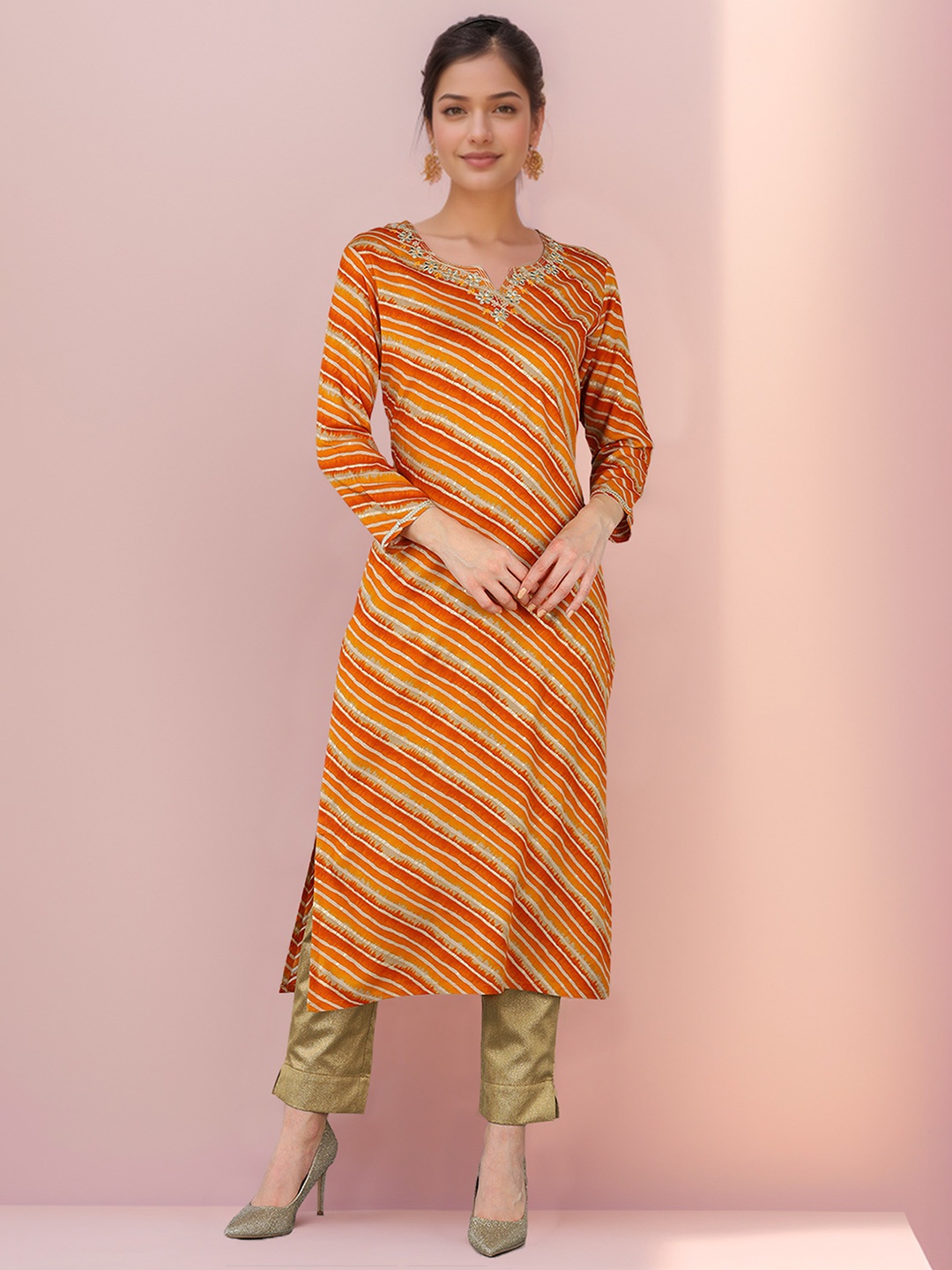

KALINI Round Neck Striped Thread Work Chanderi Silk Straight Kurta, Orange