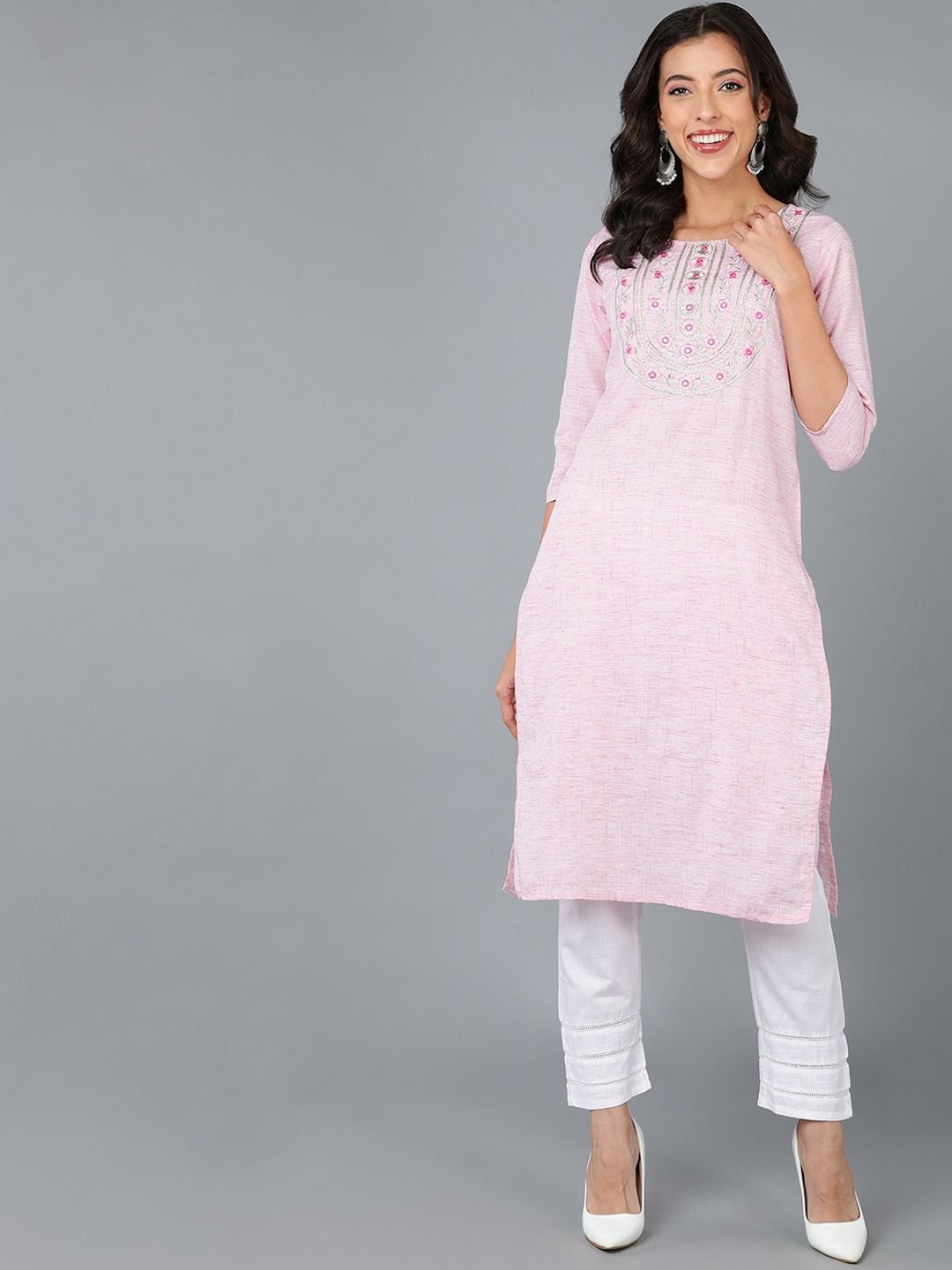 

KALINI Round Neck Thread Work Chikankari Cotton Straight Kurta, Pink