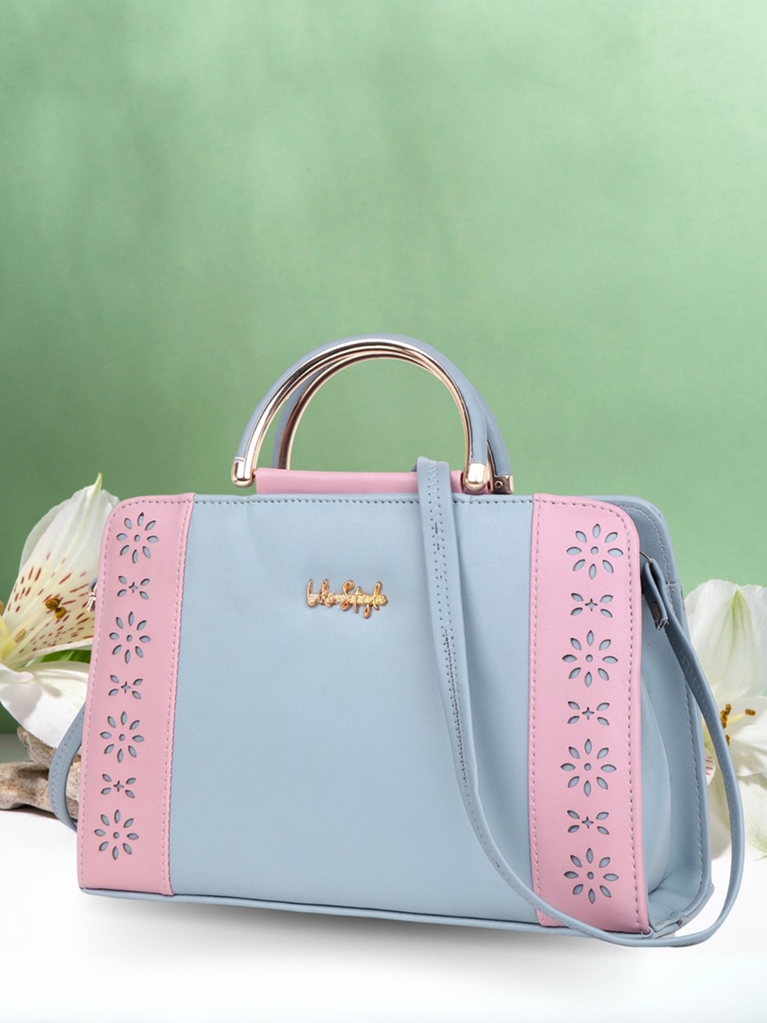 

LIKE STYLE Colourblocked PU Structured Handheld Bag with Cut Work, Blue