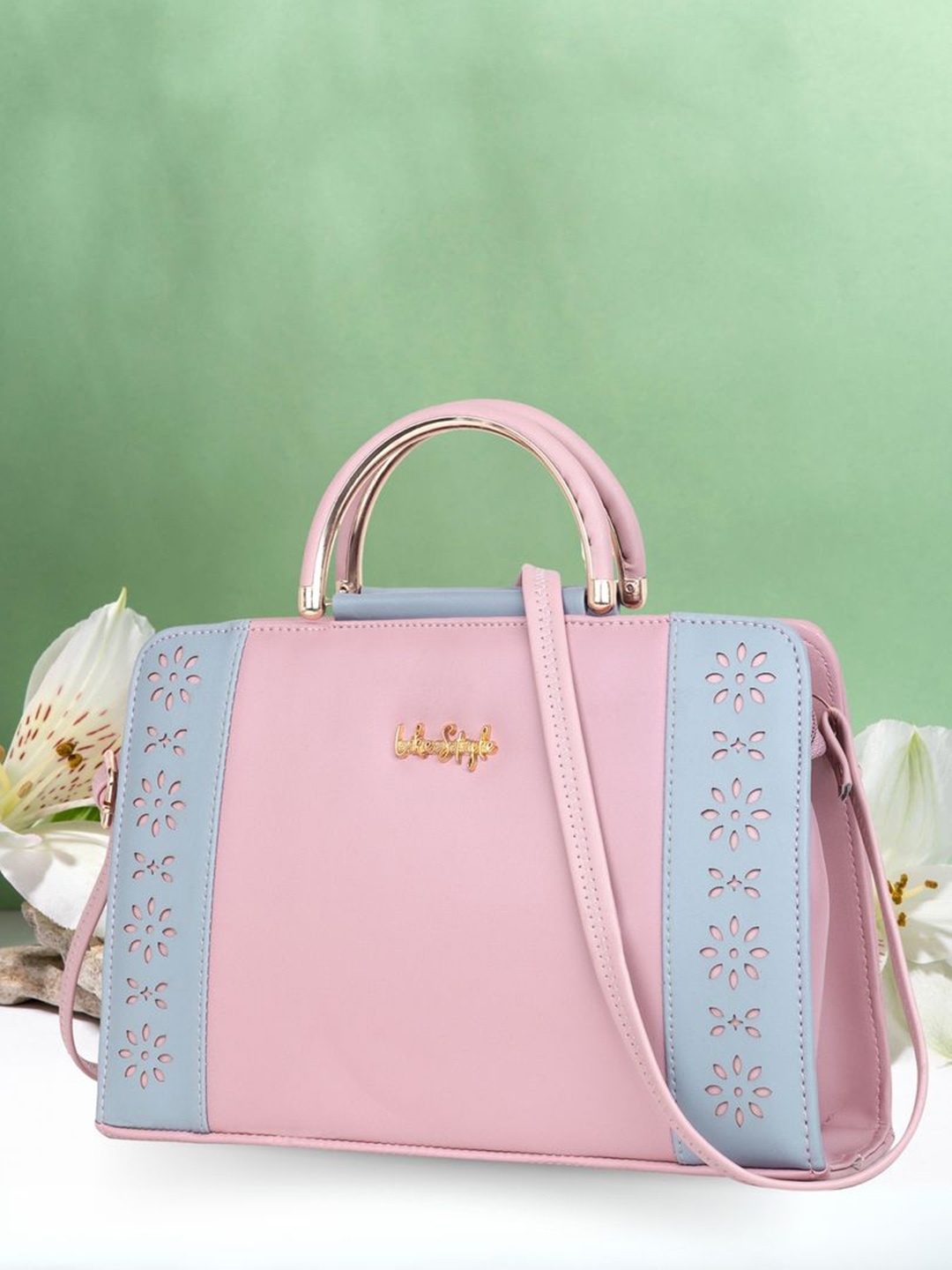 

LIKE STYLE Colourblocked Structured Handheld Bag with Cut Work, Pink