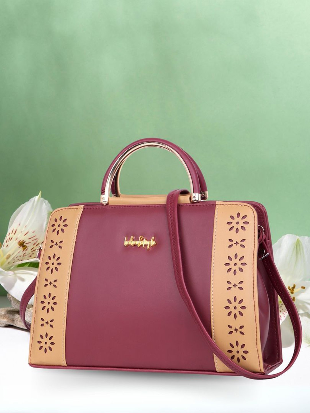 

LIKE STYLE PU Structured Handheld Bag with Cut Work, Maroon