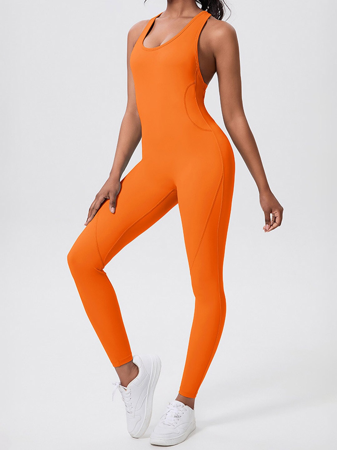 

LULU & SKY Round Neck Basic Jumpsuit, Orange
