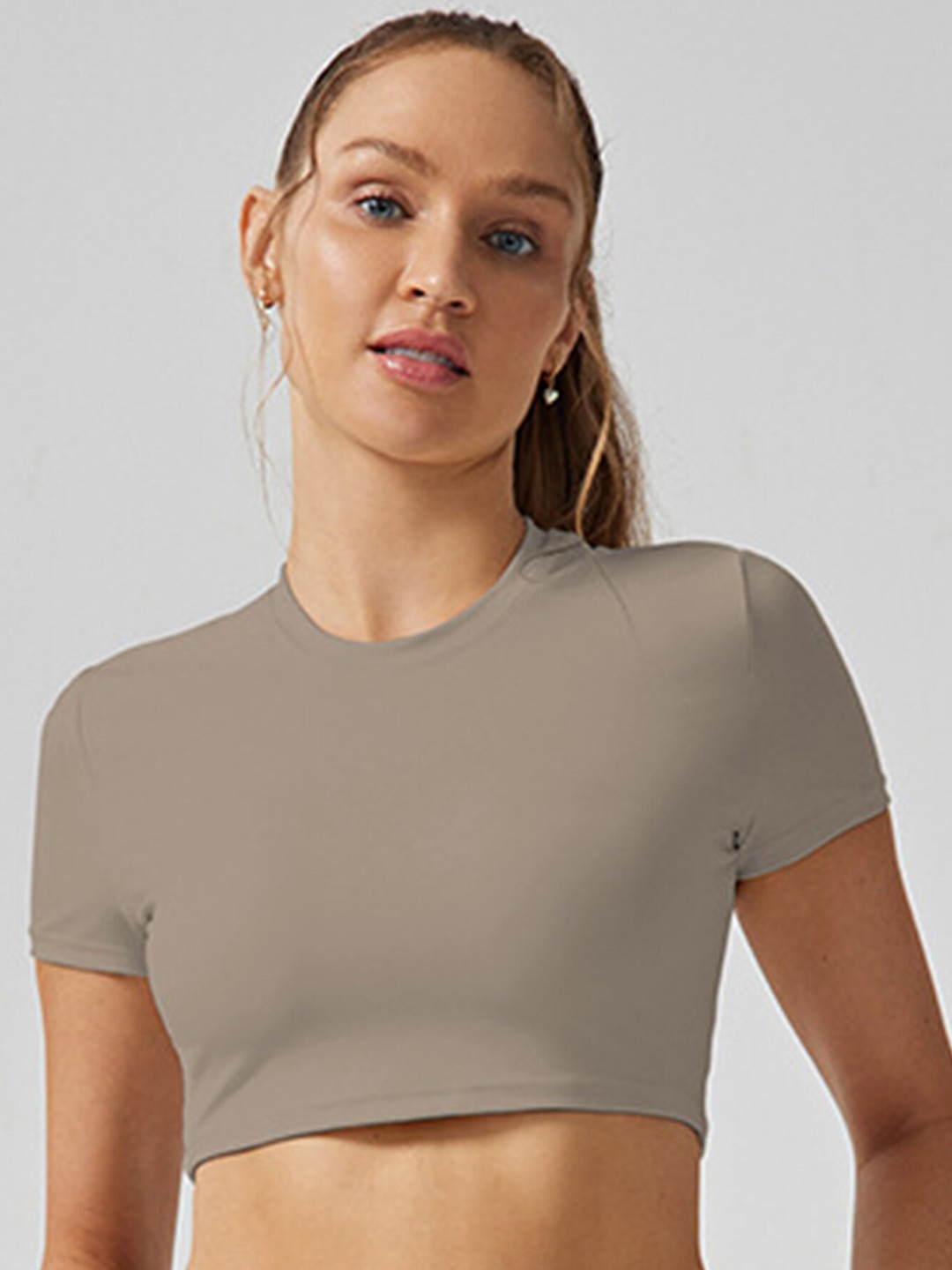 

LULU & SKY Women Round Neck Fitted Solid Crop Top, Khaki