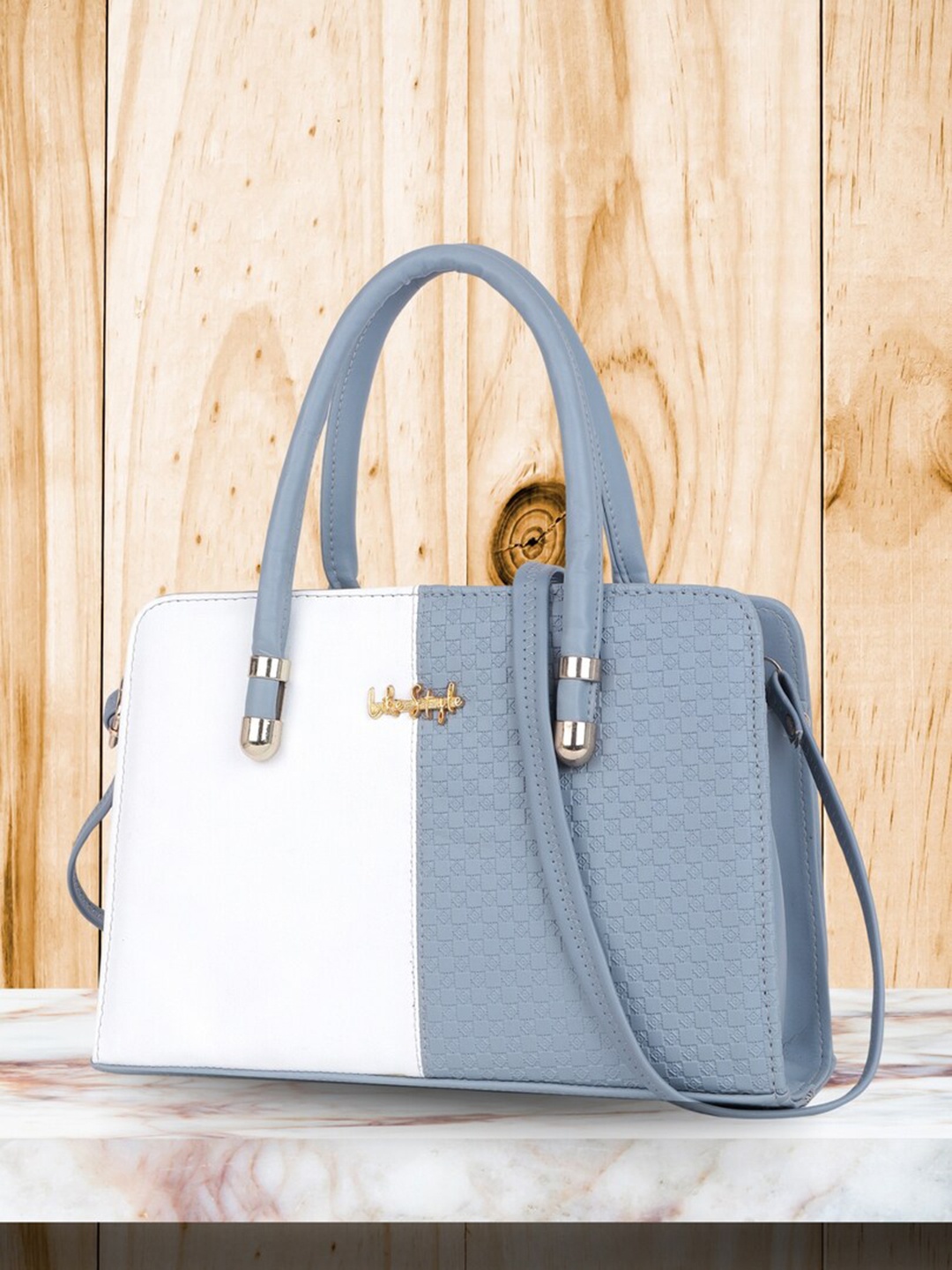 

LIKE STYLE Colourblocked PU Oversized Structured Handheld Bag with Quilted, Grey