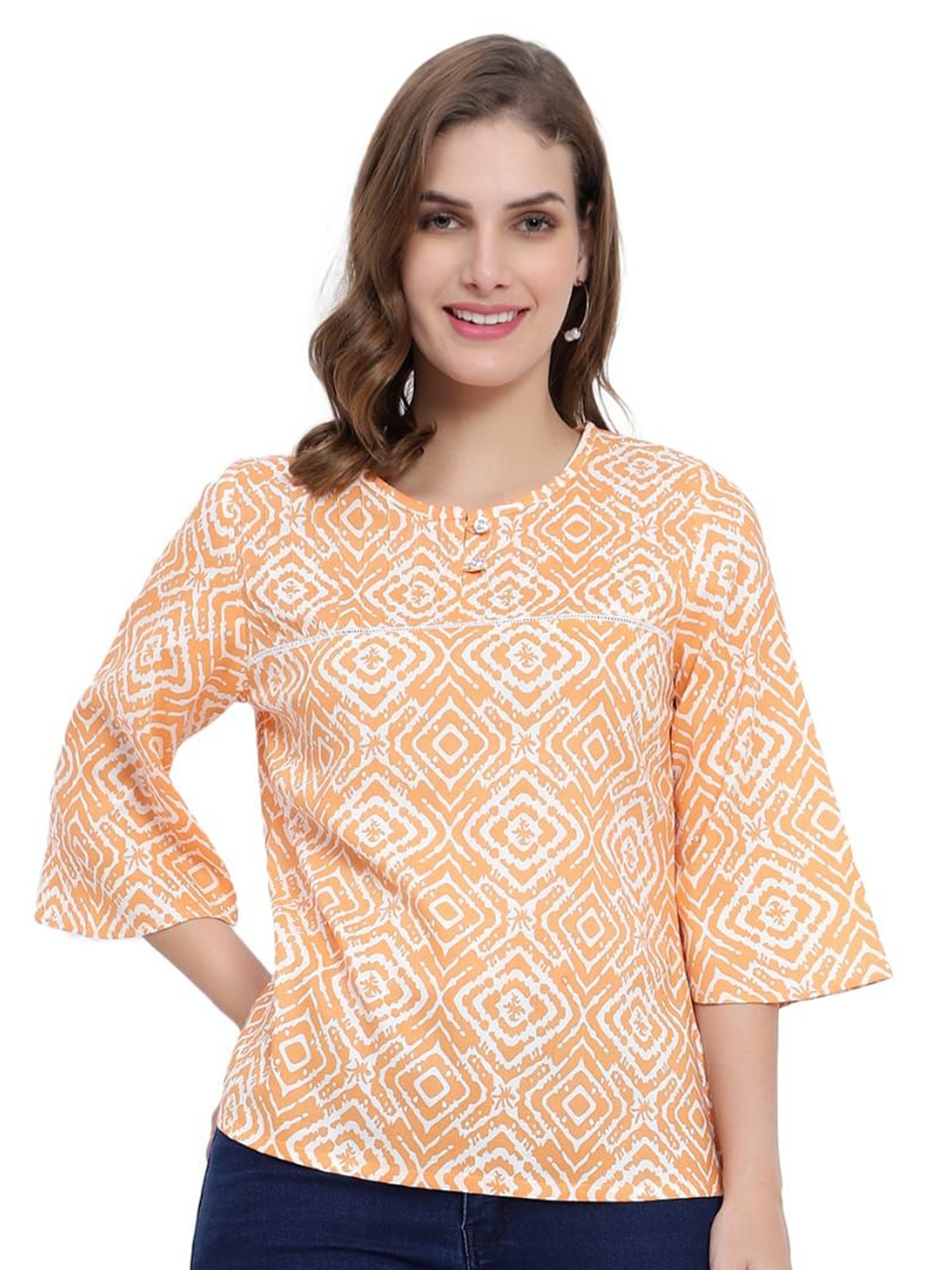 

NKSA FASHION Printed Round Neck Cotton Top, Orange