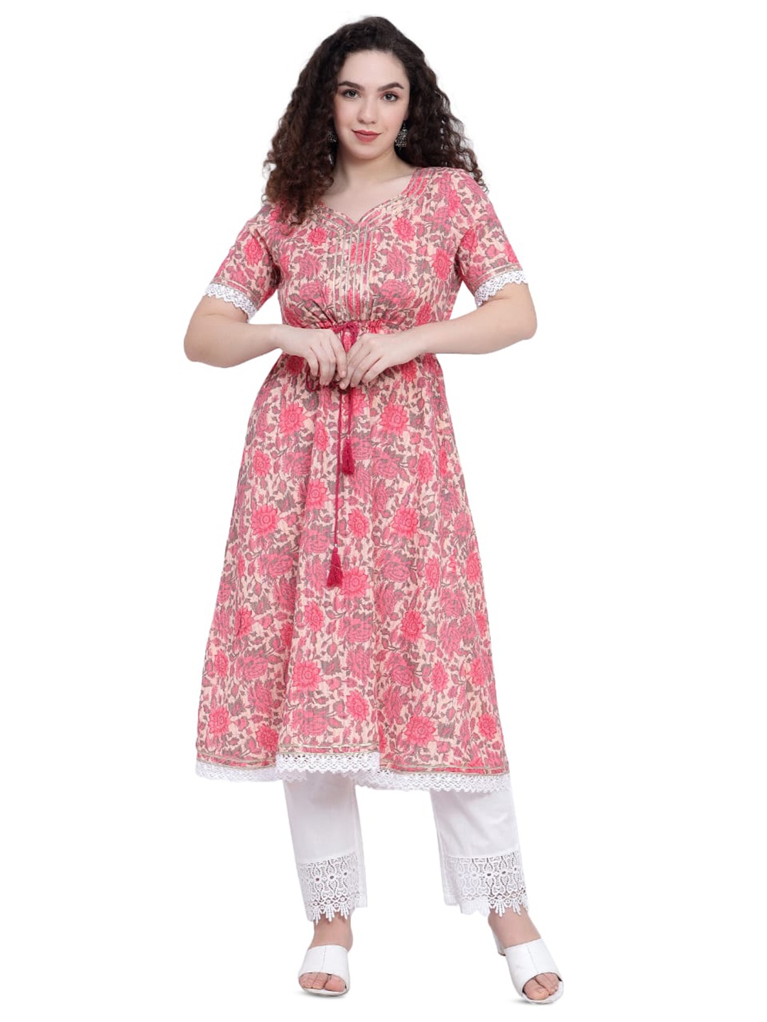 

NKSA FASHION Floral Printed Pure Cotton A-Line Kurta, Red