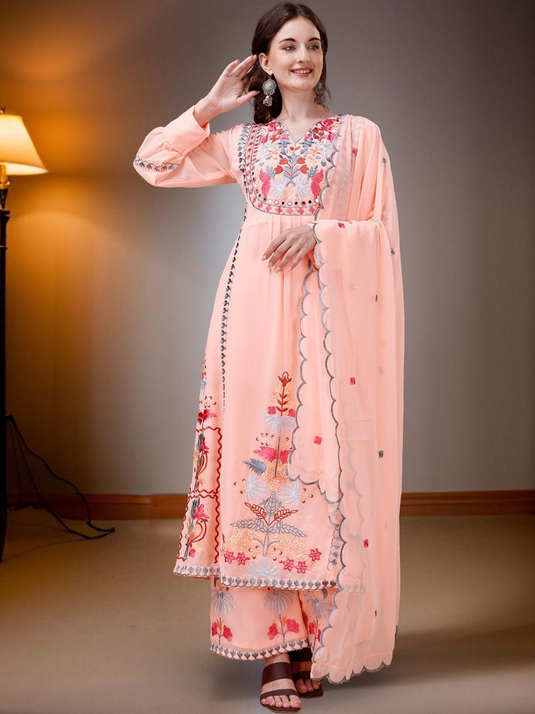 

WORIVOC Floral Embroidered Thread Work Straight Kurta With Palazzos & Dupatta, Peach