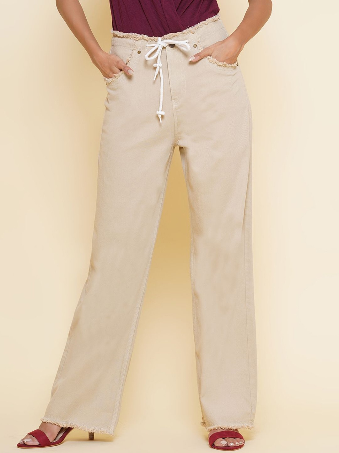 

BAESD Women Clean Look Coloured Shade Straight Fit High Waist Non Stretchable Denim Jeans, Beige