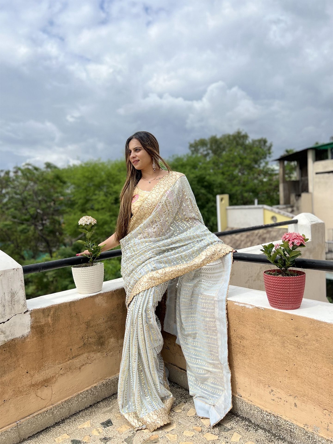 

Celeb Styles Embellished Embroidered Pure Georgette Saree, Grey