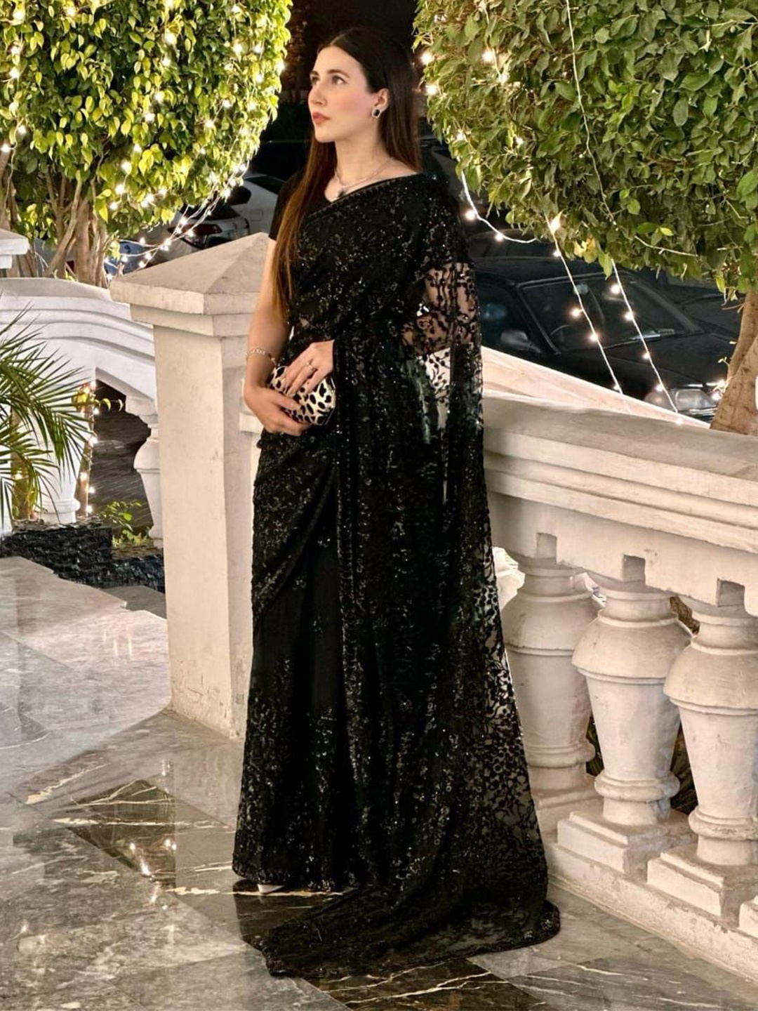 

Celeb Styles Embellished Sequinned Pure Georgette Saree, Black