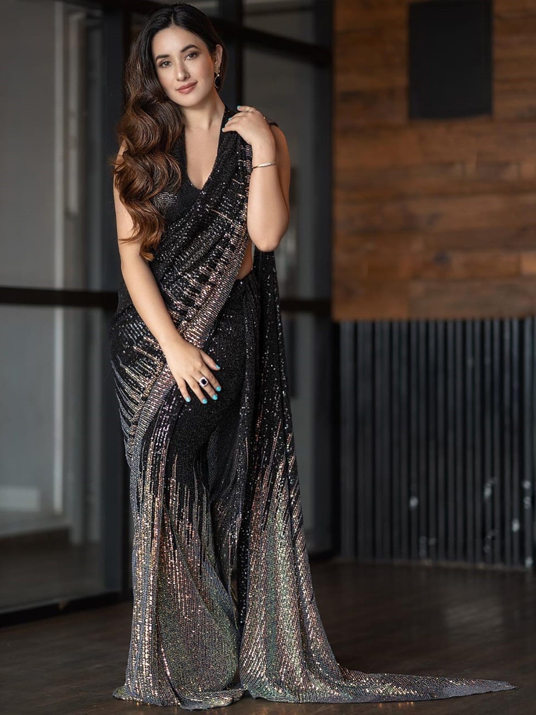 

Celeb Styles Embellished Sequinned Pure Georgette Saree, Black