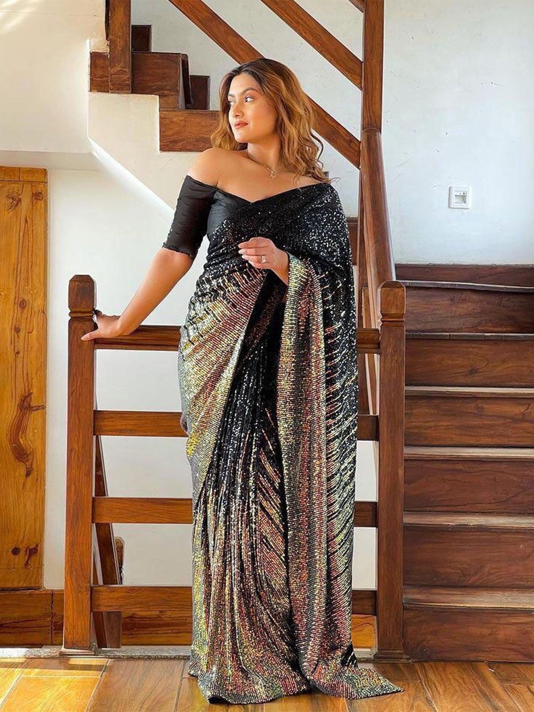 

Celeb Styles Embellished Sequinned Pure Georgette Saree, Black