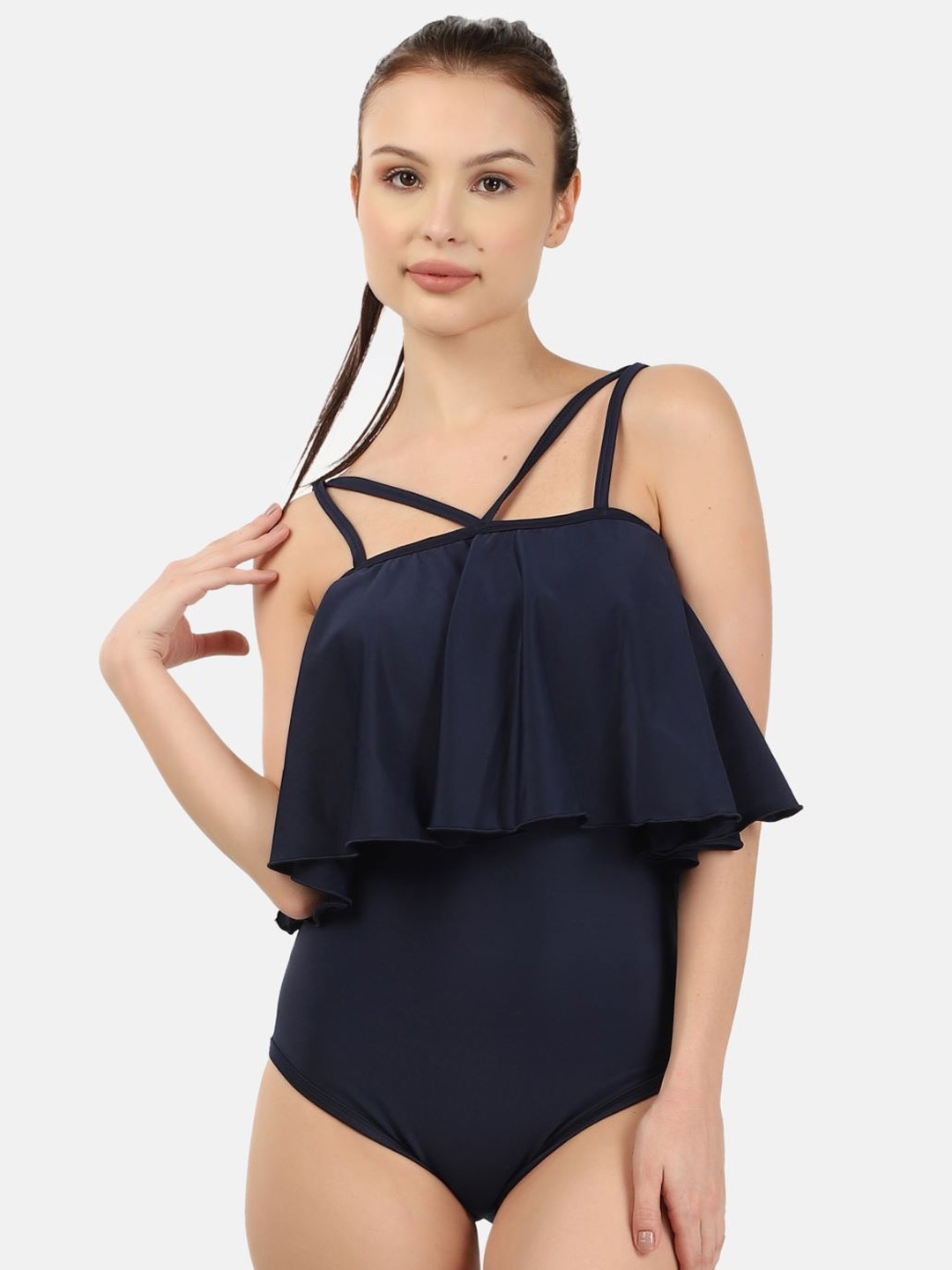 

Poftik Shoulder Strap Padded Bodysuit Swimwear, Navy blue