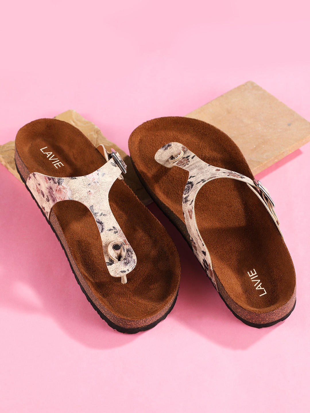 

Lavie Women Printed T-Strap Flats with Buckles, Cream