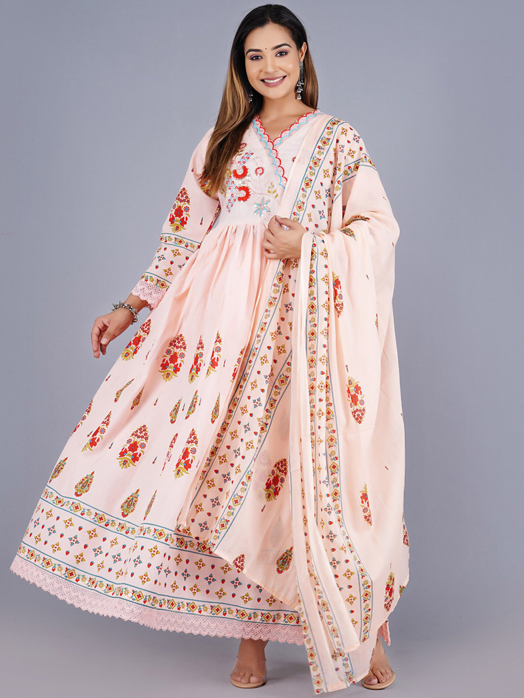 

SHOOLIN Floral Printed Thread Work A-Line Angrakha Kurta With Trousers & Dupatta, Pink