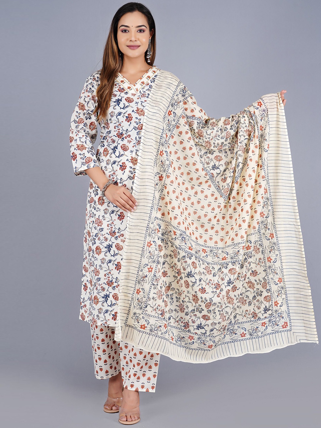 

SHOOLIN Floral Printed Gotta Patti Straight Kurta With Trousers & Dupatta, Off white