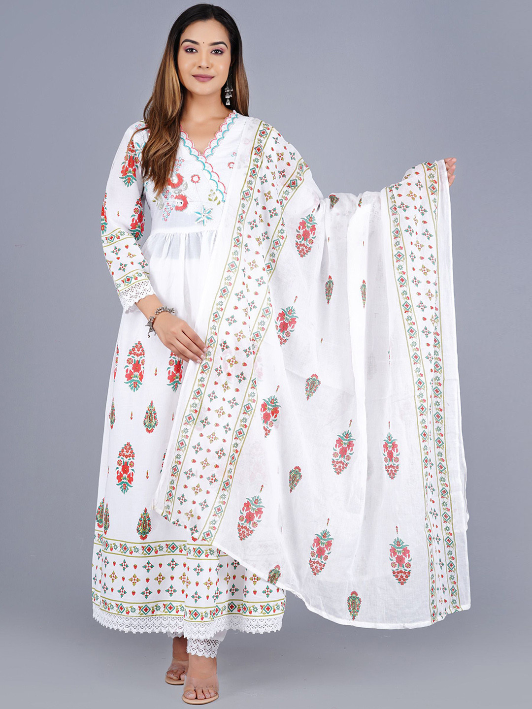 

SHOOLIN Floral Embroidered Thread Work Empire Anarkali Kurta With Trousers & Dupatta, White