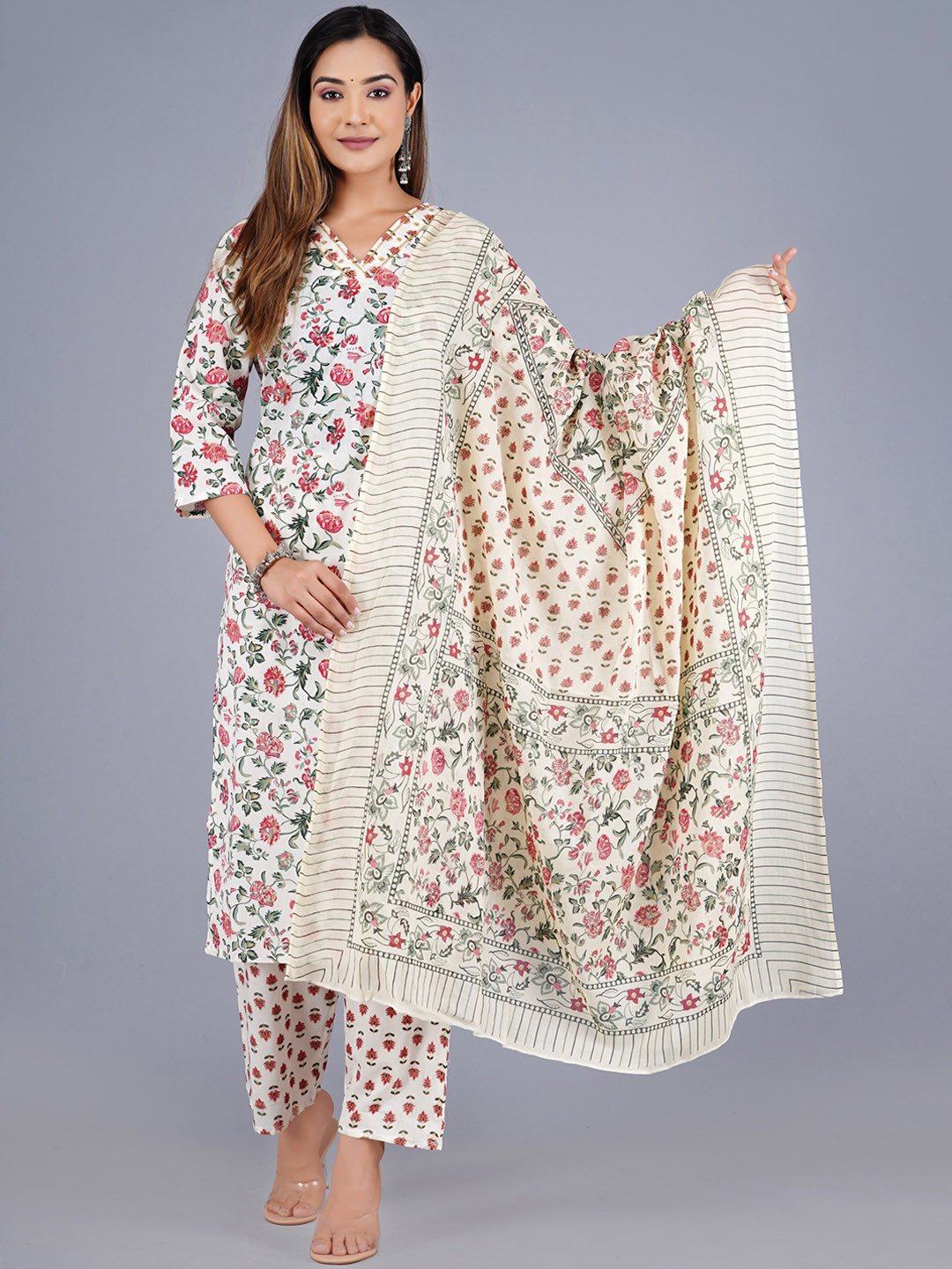 

SHOOLIN Floral Printed Gotta Patti Straight Kurta With Trousers & Dupatta, White