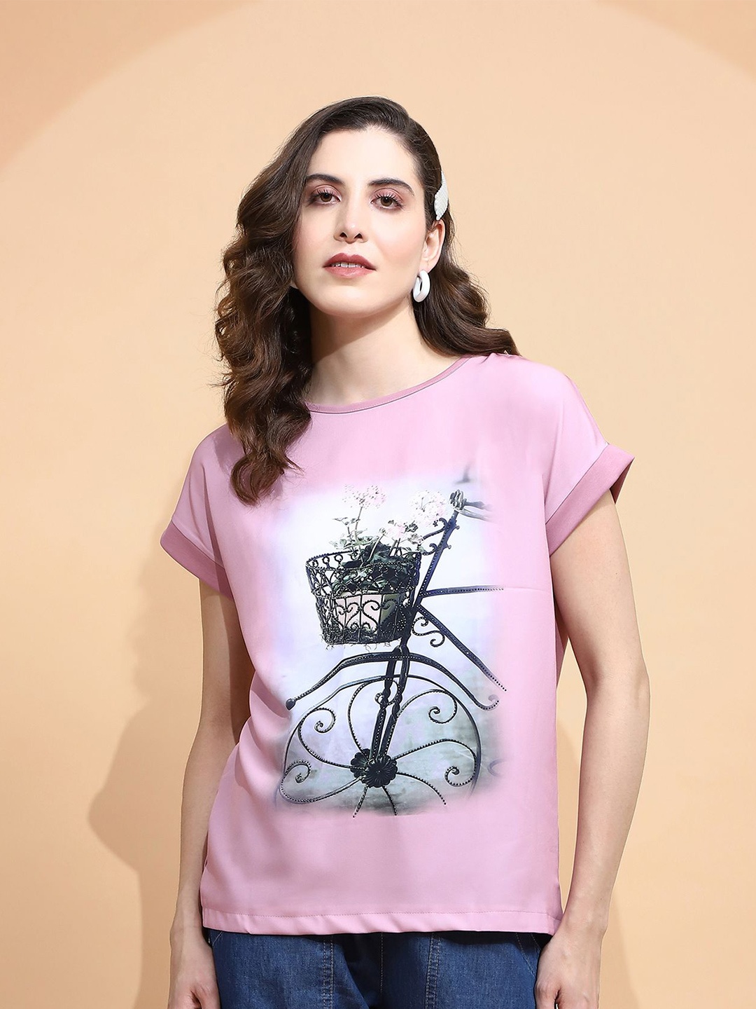 

Global Republic Graphic Printed Extended Sleeves Cotton Top, Pink
