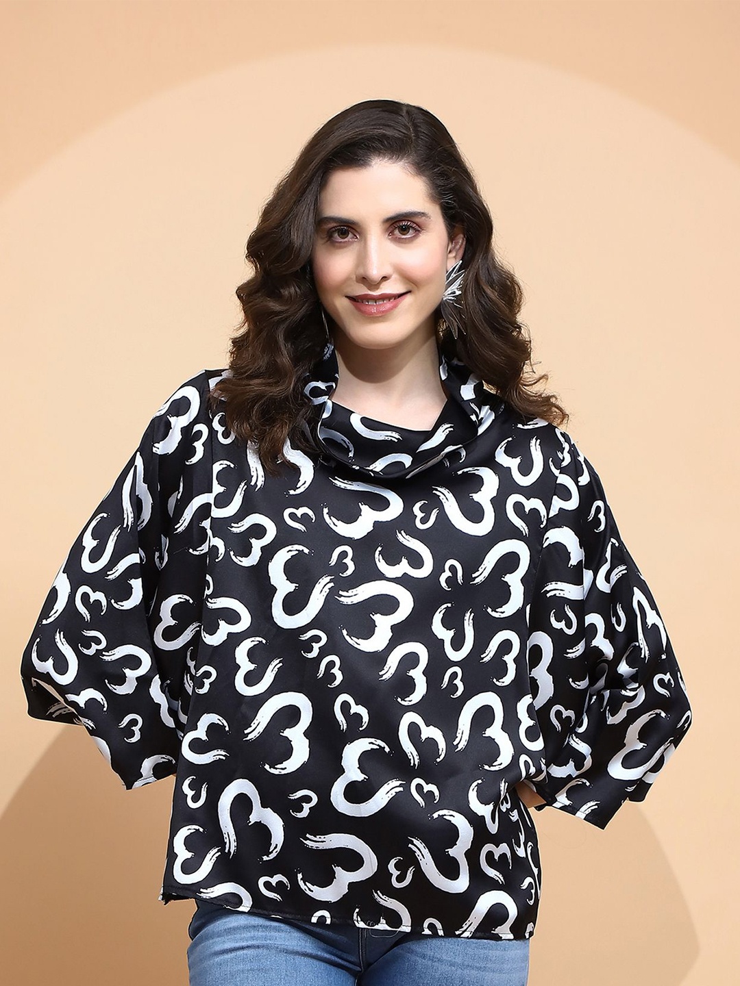 

Global Republic Graphic Printed Cuffed Sleeves Cowl Neck Boxy Top, Black