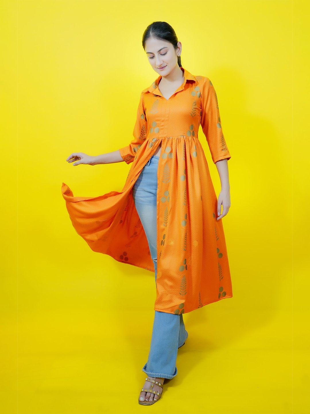 

CRAZEVILLA Floral Printed Shirt Collar Maxi Longline Top, Orange