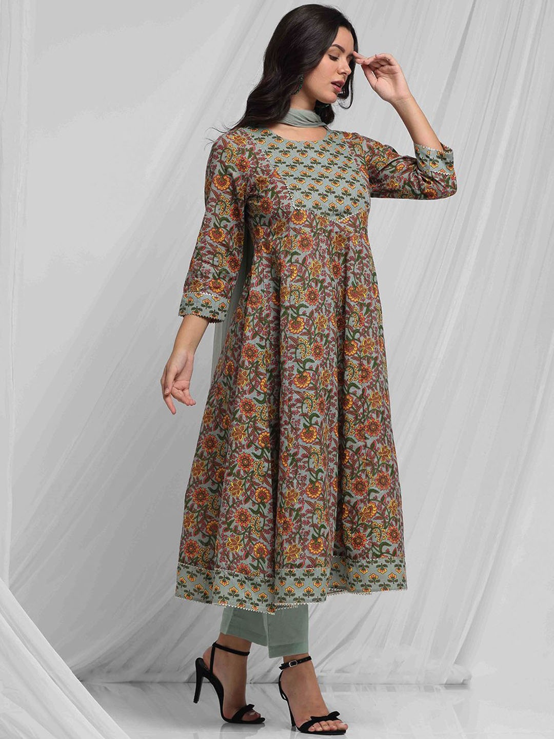 

Anouk Olive Ethnic Motifs Yoke Design Gotta Patti Cotton Kurta With Trousers & Dupatta