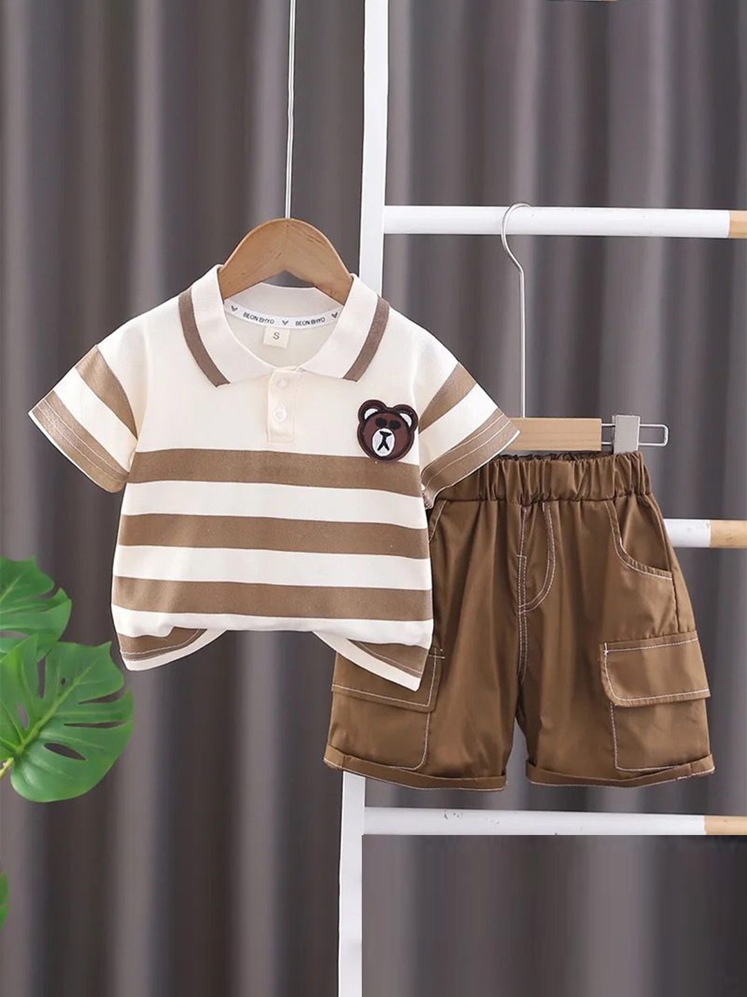 

TrendyKid Boys Polo Collar Striped T-shirt with Shorts, Brown
