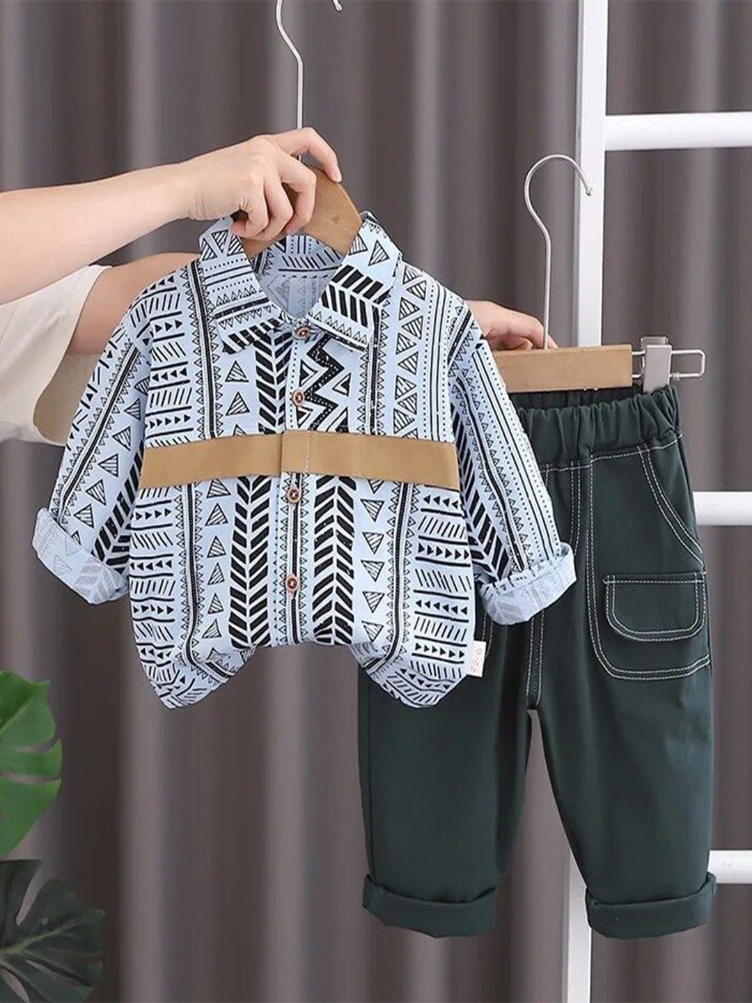 

TrendyKid Boys Shirt Collar Printed Shirt with Trousers, Green