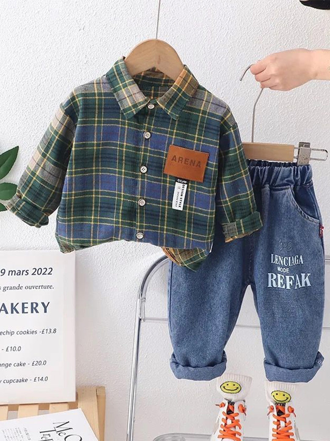 

TrendyKid Boys Shirt Collar Checked Shirt with Trousers, Green
