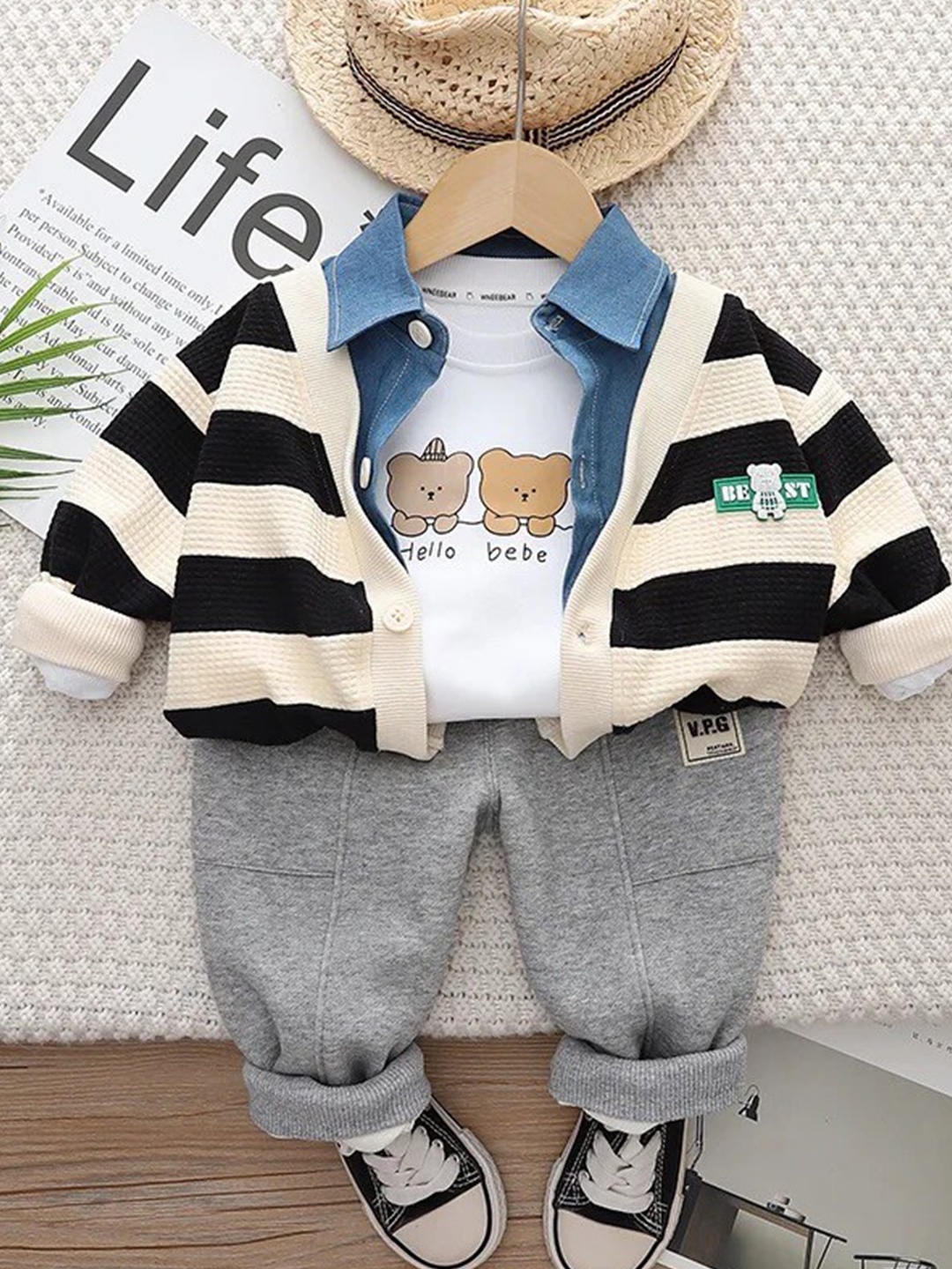 

TrendyKid Boys Shirt Collar Striped Shirt with Trousers, White