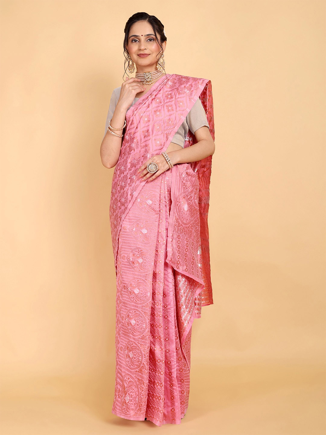 

Rose Villa Assamese Mekhela Chador Saree, Pink