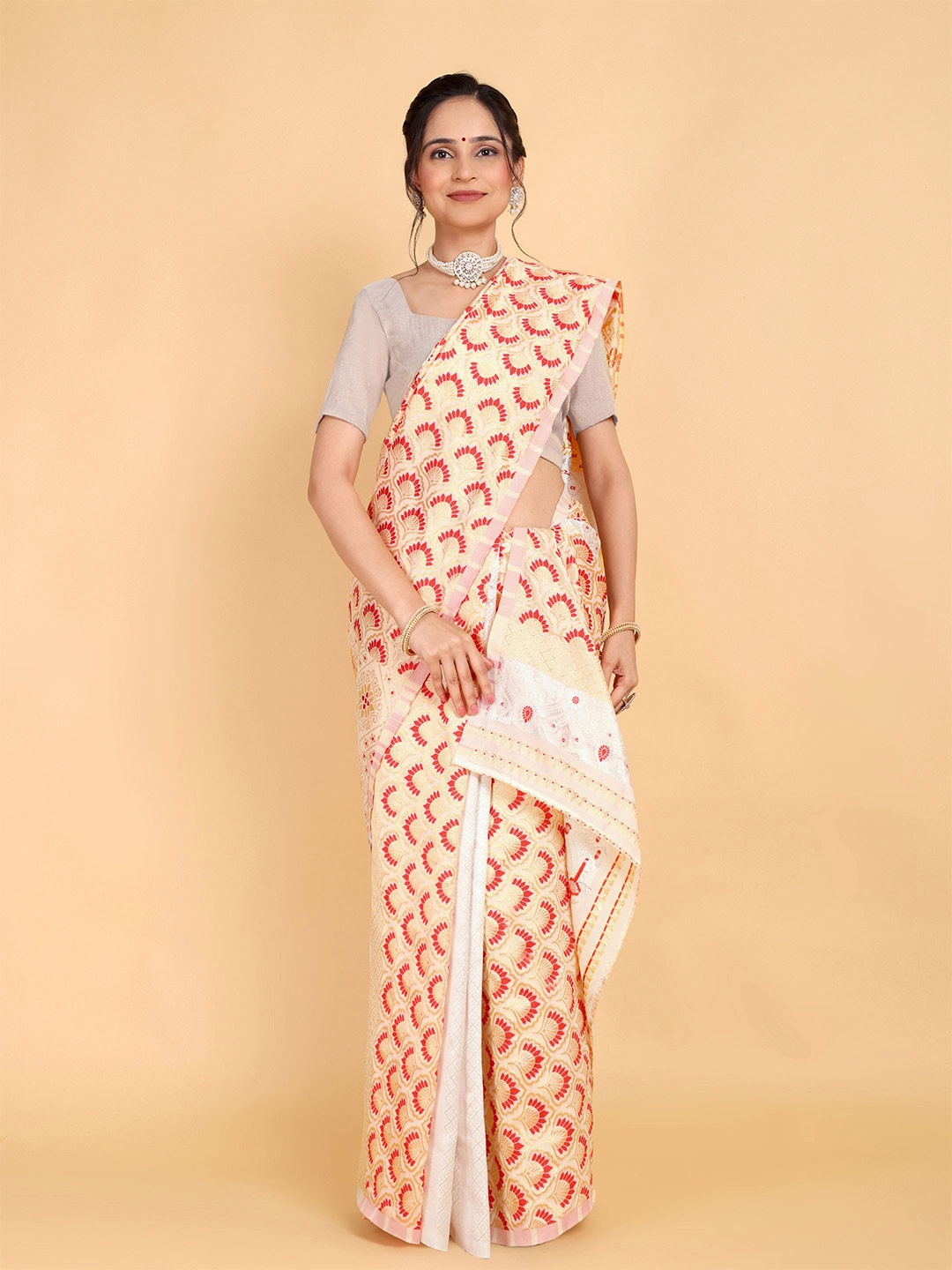 

Rose Villa Ethnic Motifs Assamese Mekhela Chador Saree, White