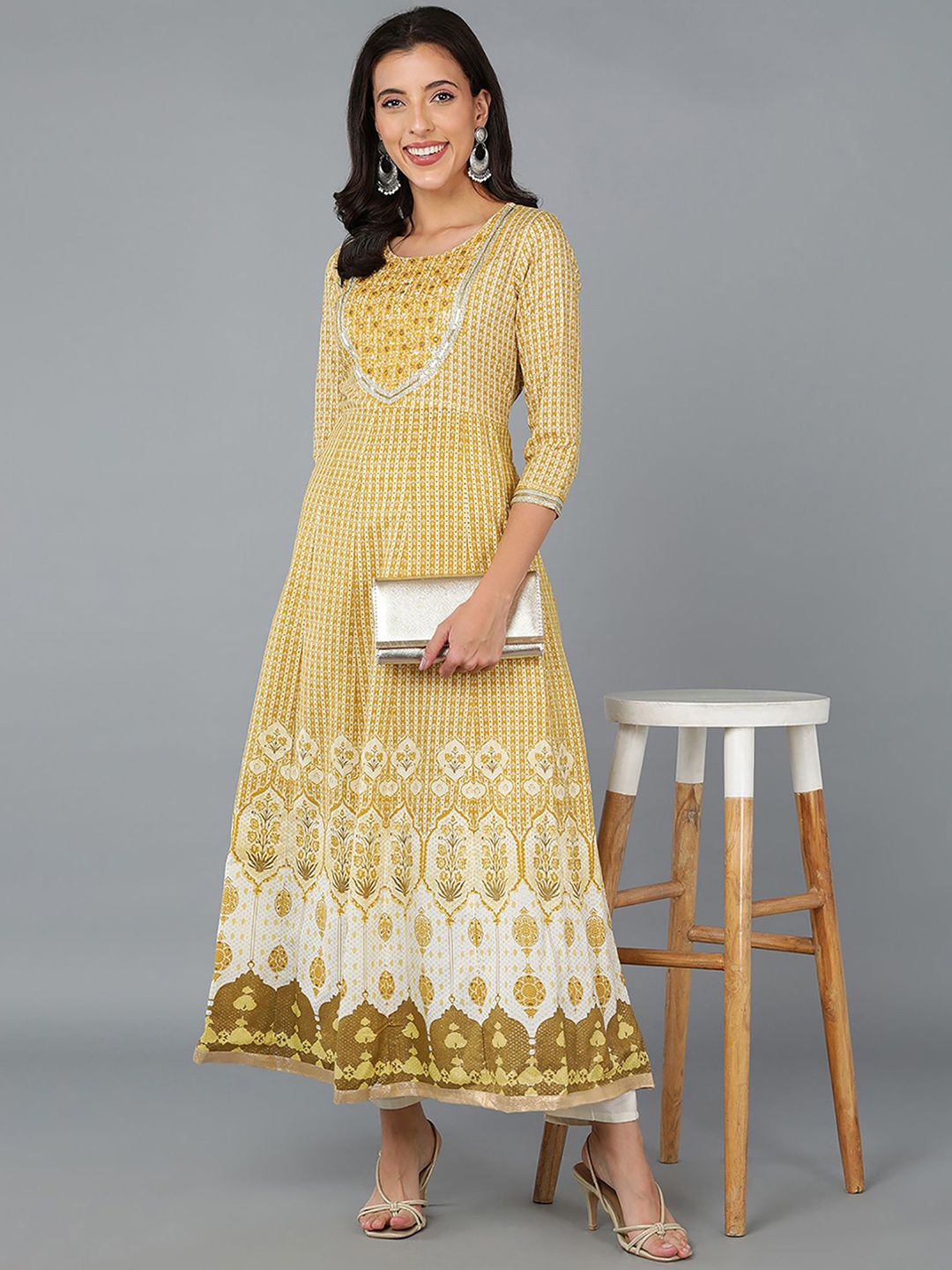 

KALINI Ethnic Motifs Printed Mirror Work Anarkali Kurta, Yellow