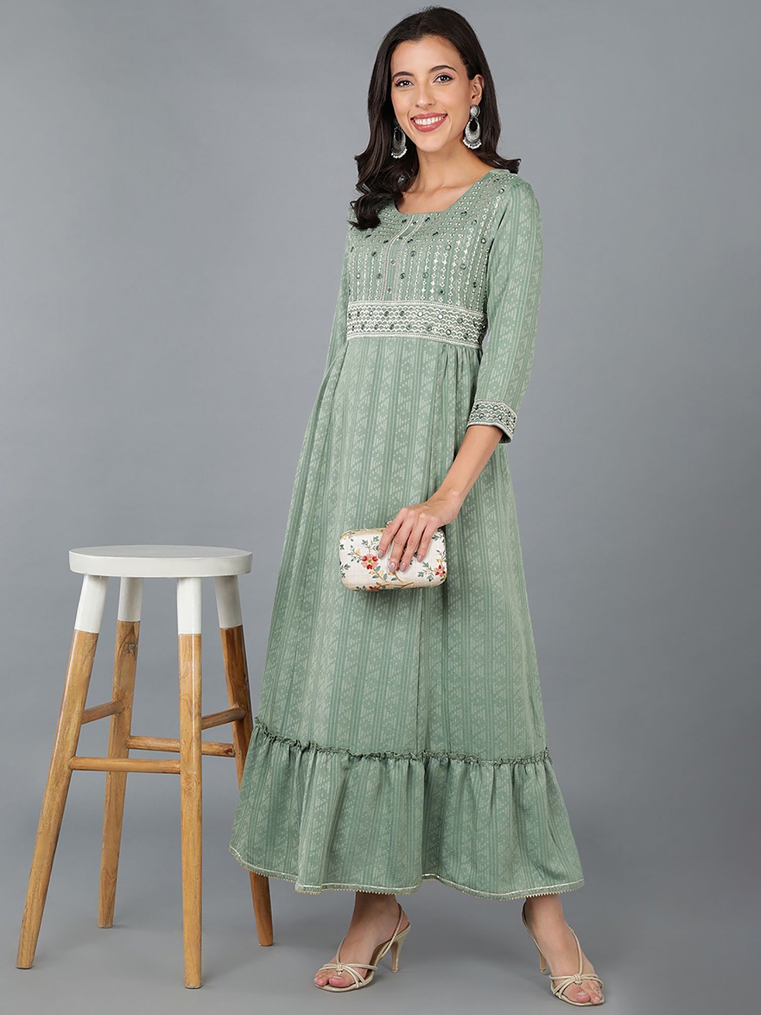 

KALINI Ethnic Motifs Embroidered Thread Work Anarkali Kurta, Green
