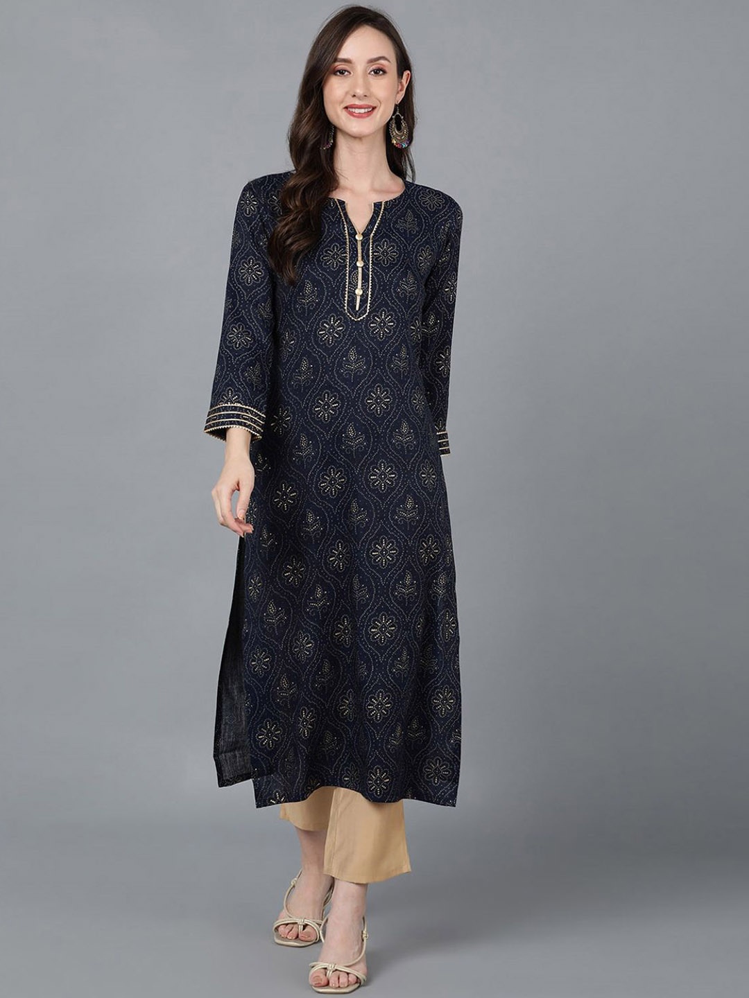 

KALINI Ethnic Motifs Printed Gotta Patti Straight Kurta, Blue