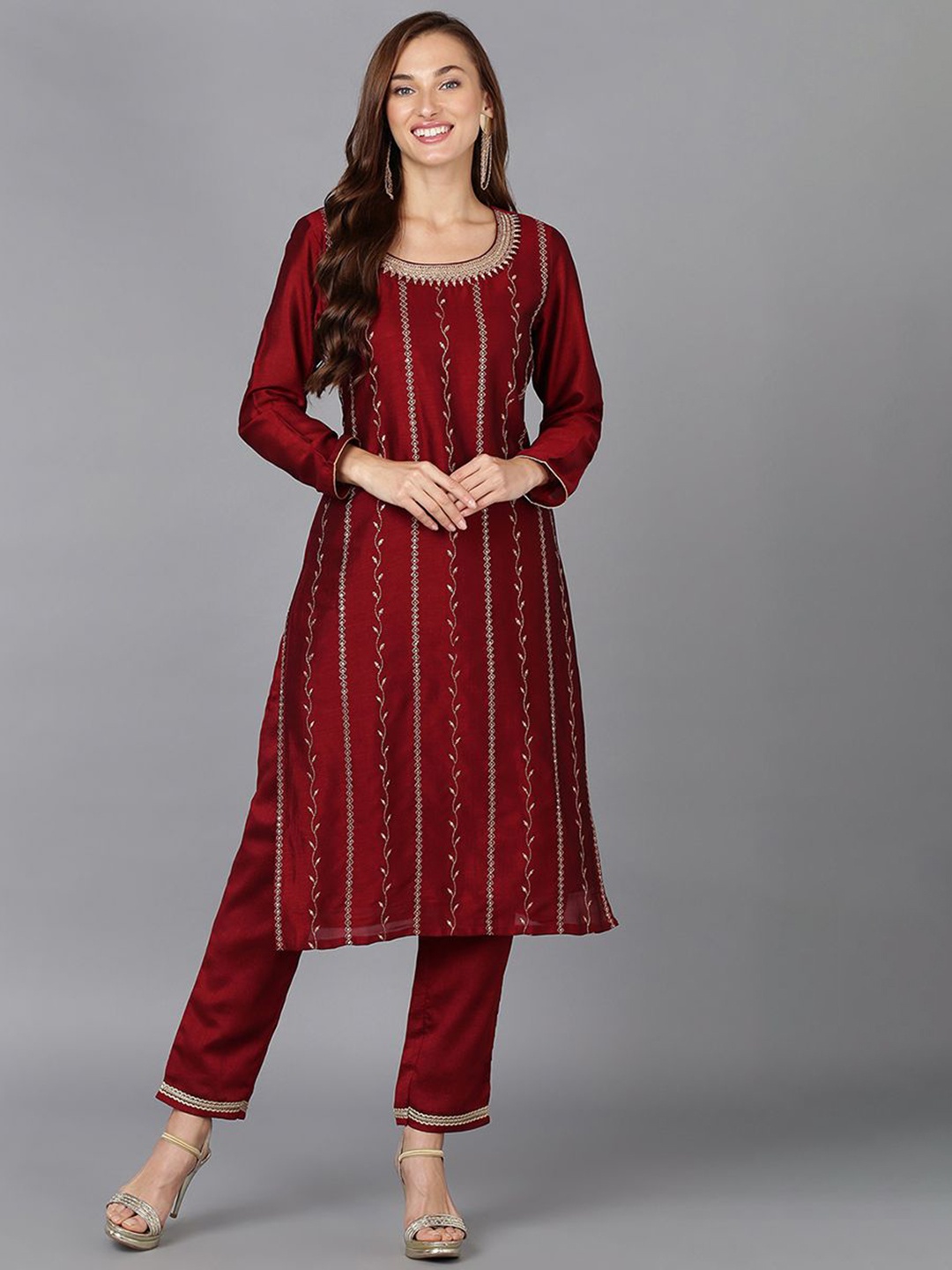 

KALINI Striped Round Neck Thread Work Straight Kurta, Maroon