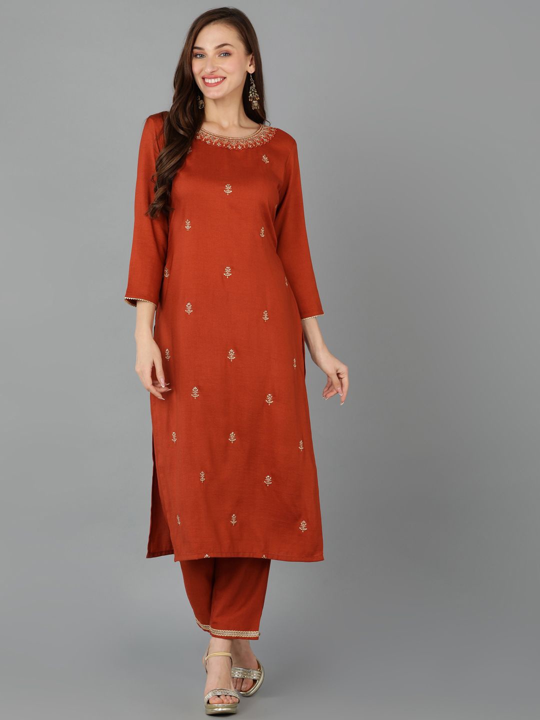 

KALINI Ethnic Motifs Embroidered Round Neck Sequinned Straight Kurta, Rust