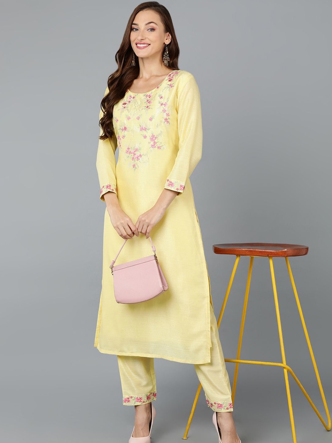 

KALINI Floral Yoke Design Thread Work Straight Kurta, Yellow